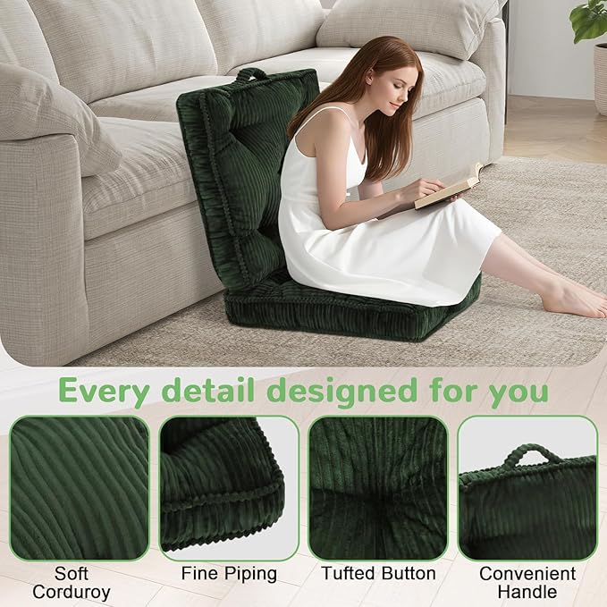 Meditation Floor Cushion, 22x22 Tufted Floor Pillow for Adults, Square Large Meditation Cushion Pillow, Green Corduroy Sitting with Handle, Yoga Seating for Tatami, 1Pack