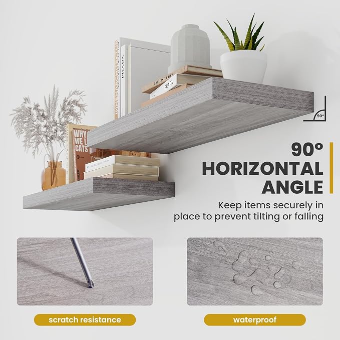 Acovy 30 Inch Floating Shelves, 9.3" Deep Floating Shelf Wall Mounted, 30" Wall Shelves, Rustic Deep Bookshelf, Large Display Shelves & Storage Shelves for Bedroom, Living Room, Gray, Set of 2