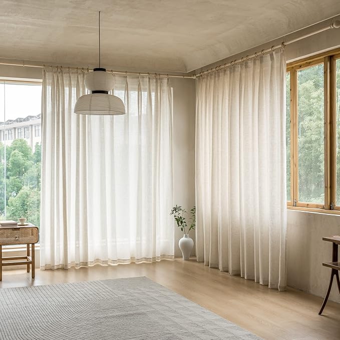 MAIHER Extra Wide 100 W x 108 L Inch Pinch Pleated Drapes, Faux Linen Pinch Pleat Curtains Light Filtering Semi Sheer Curtains with Hooks for Patio Door Bedroom, Natural Linen, 1 Panel