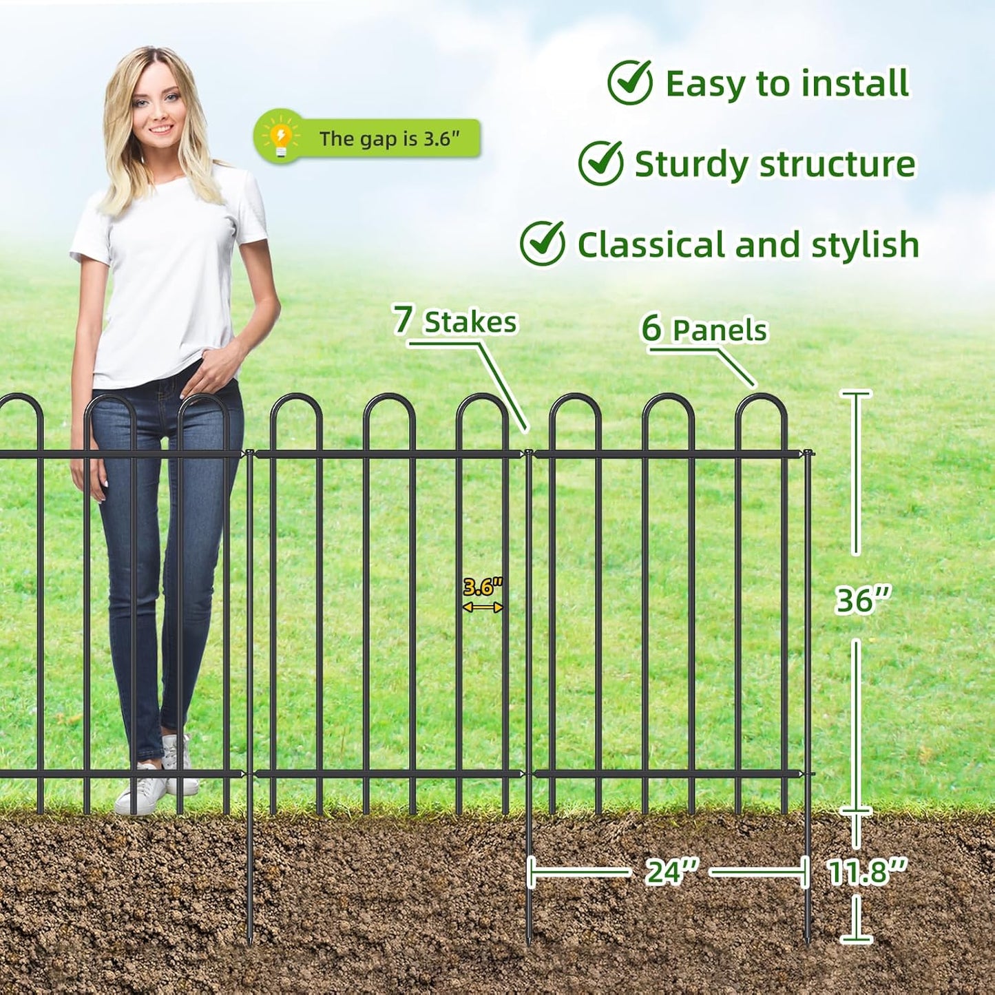Metal Garden Fence 36 in H x 12 ft L, No dig Garden Border Yard Fencing, Dog Fence Outdoor Temporary Animal Barrier for Flower Bed Lawn and Patio, 6 Panels + 7 Stakes Black