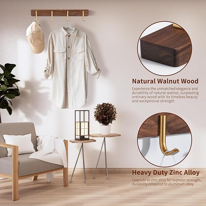 Wall Mounted Coat Rack, Entryway Hanging Coat Rack, Metal Wood Coat Rail with 4 Rustic Hooks Rail for Coat, Scarf, Bag, Towel, Key, Cap, Hat, Walnut Gold Matt