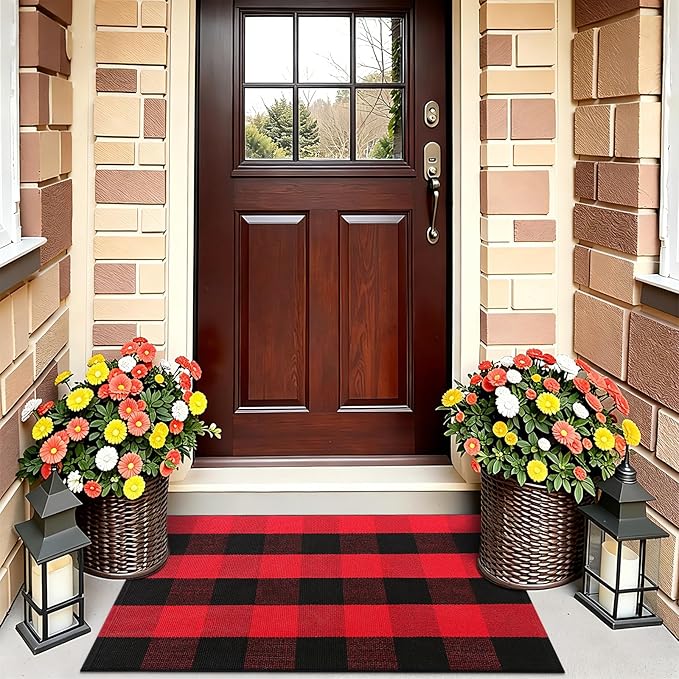 OLANLY Buffalo Plaid Rug 2' x 3' (24" x 36") – Red and Black Cotton Checkered Doormat, Washable Indoor Outdoor Rug for Layered Front Porch, Kitchen, Entryway Decor