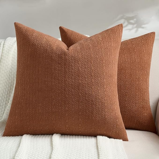 FUTEI Rust Chenille Throw Pillow Covers 22x22 Inch Set of 2,Soft Striped & Diamond Textured Cushion Cases,Modern Home Decor for Couch Living Room