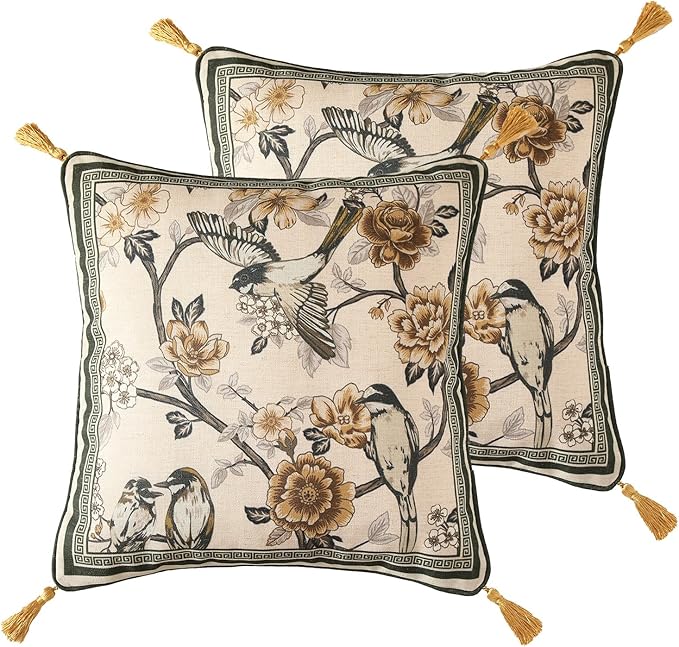 ISAENNE Vintage Linen Square Throw Pillow Cover,Set of 2,18"x18"-Murad A | Designer French Decor Pillow Cover,Concealed Zipper Design,Floral and Bird Pattern,Sofa,Bedroom,Living Room,Lounge Chairs