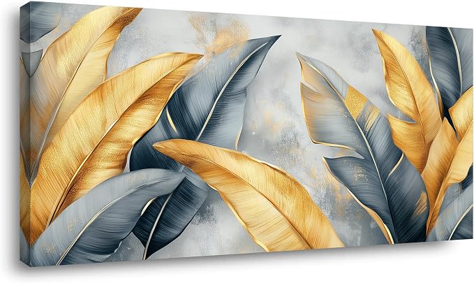 Ggaafet Gold Leaves Wall Art for Living Room Canvas Painting Prints Botanical Boho Abstract Gray Leaf Art Deco Modern Artwork Office Bedroom Family Dining Room Decor Large