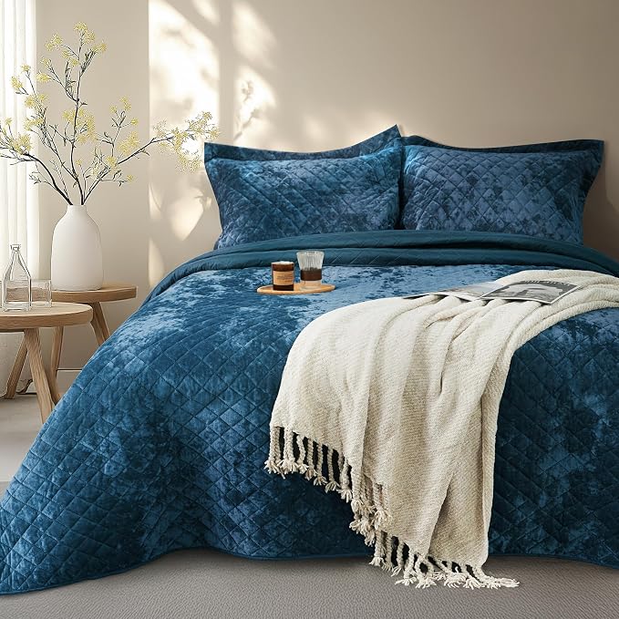 Velvet Quilt Set King Size– 3 Piece Crushed Velvet Bedding with Shams, All Season Soft Bedding Set, Machine Washable, Oeko-TEX Certified & Gift-Worthy Design (Deep Blue)