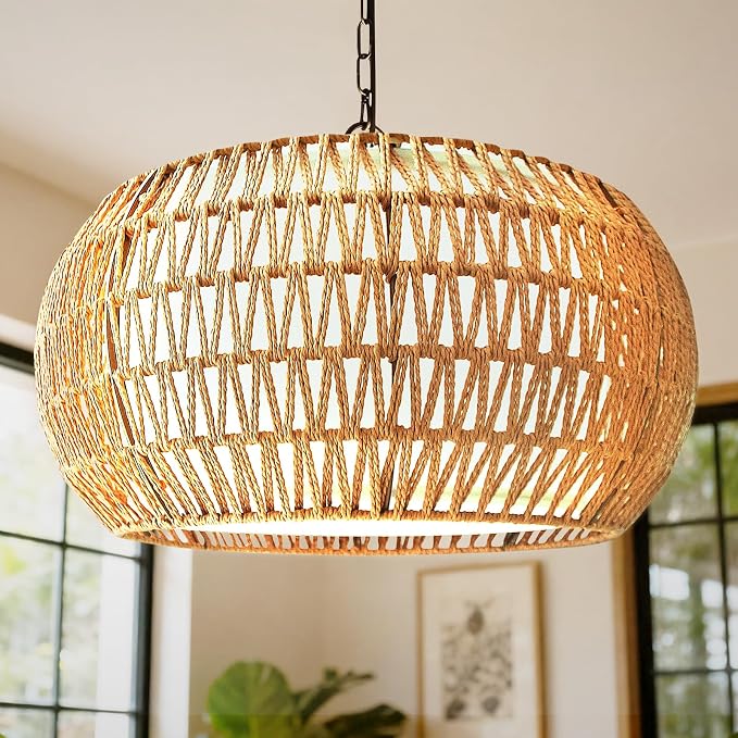 5-Lights Boho Rattan Chandelier for Dining Room, 19" Farmhouse Chandelier Light Fixtures with Fabric Shade, Large Hand Woven Pendant Lighting for Kitchen Island, Living Room