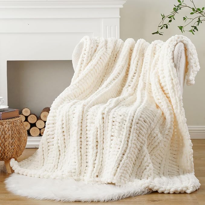 Battilo Chunky Knit Throw Blanket for Couch, 50"x60", White Cream | Hand Knit with Chunky Yarn, Gift blanket, Light Color, Cozy Warm Thick Soft Chenille Throw Blanket for Bed, Sofa, Living Room