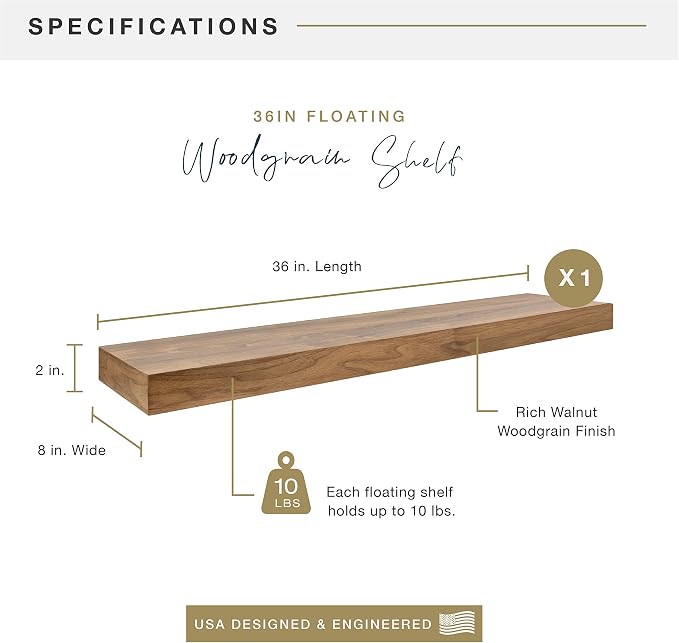 MCS Walnut Woodgrain Floating Shelf, 36 Inch x 8 Inch, 36 x 8