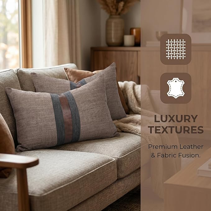 BOYSUM Set of 2 Leather Throw Pillow Covers Lumbar Cotton Linen Decor Patchwork Pillow Cover Faux Leather Pillows Cover for Couch Sofa Living Room Bedroom,Coffee 12"x20"