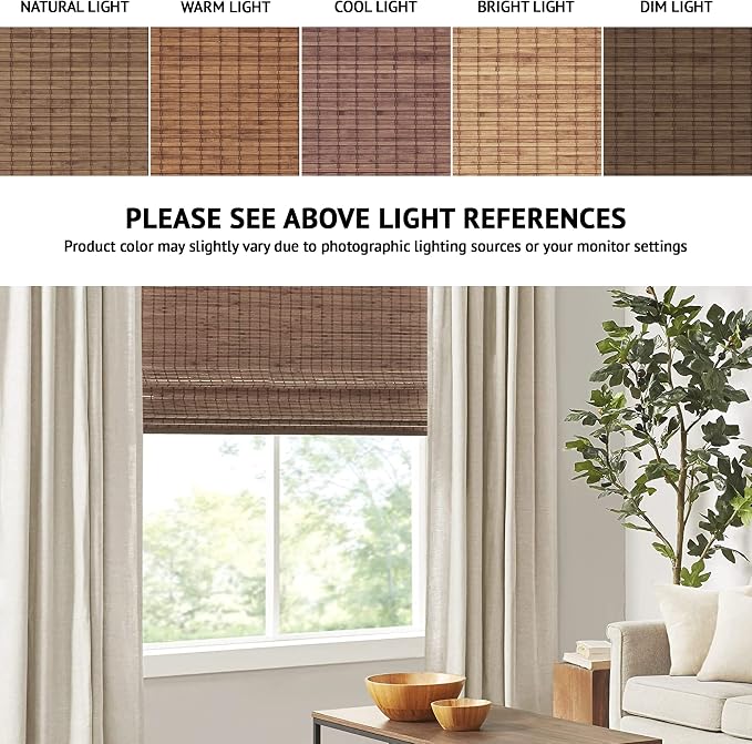 Madison Park Eastfield 100% Bamboo Cordless Roman Shades-Woven Wooden Privacy Panel, Light Filtering Easy Installation Window Blind Treatment, Bedroom, Living Room Decor, 31" W x 64" L, Teak