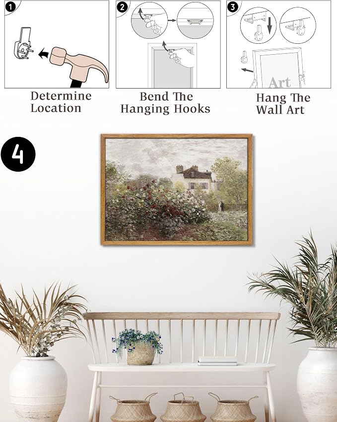 UPWOIGH Monet Inspired Garden Framed Wall Art, 16 x 24 Inch | Impressionist Rose Garden and Cottage Scene, Soft Vintage Tones, Warm Wood Frame for Living Room, Bedroom and Office