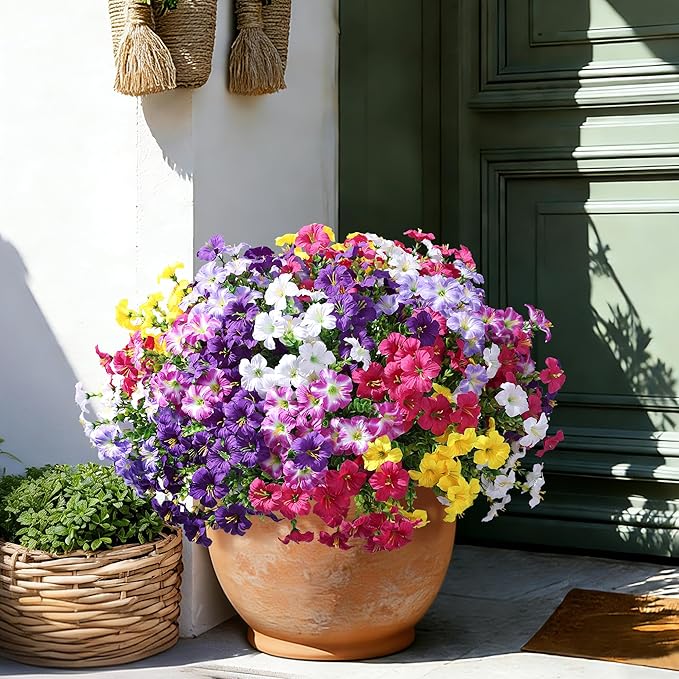 Artificial Flowers for Outdoors Decoration, 20 Bundles Faux Morning Glory with Eucalyptus Look Real UV Resistant Fake Plants Silk Flowers for Outside Yard Gardens Porch Patio Planter Home Urn, Mix