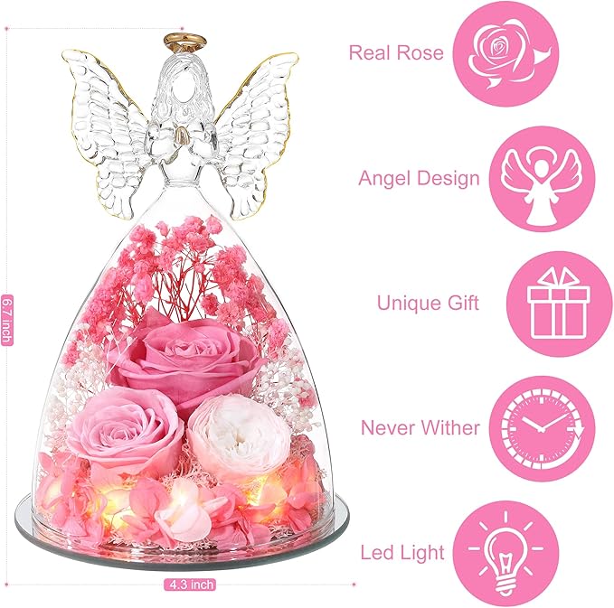 Mothers Day Rose Gifts for Women Preserved Real Flower in Glass Angel Figurines Roses for Delivery Prime Birthday Gifts for Mom Grandma Girlfriend Wife Her,Pink Austin Roses