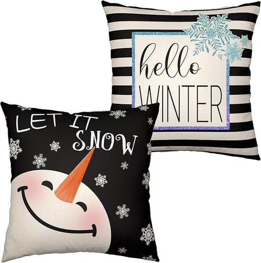 2 Pack of Winter Pillow Covers 22x22 Lovely Snowman Decorative Throw Pillow Covers Set of 2 Hello Winter Black Stripes Pillow Case for Living Room Holiday Decor Couch