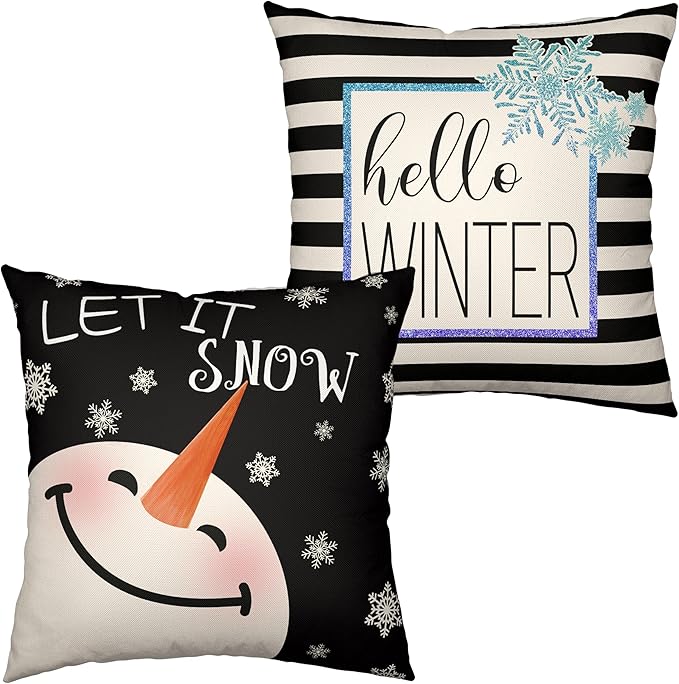 Winter Decorative Pillow Covers 24x24 Lovely Snowman Throw Pillow Covers for Living Room Holiday Decor Couch Set of 2 Hello Winter Black Stripes Cushion Case