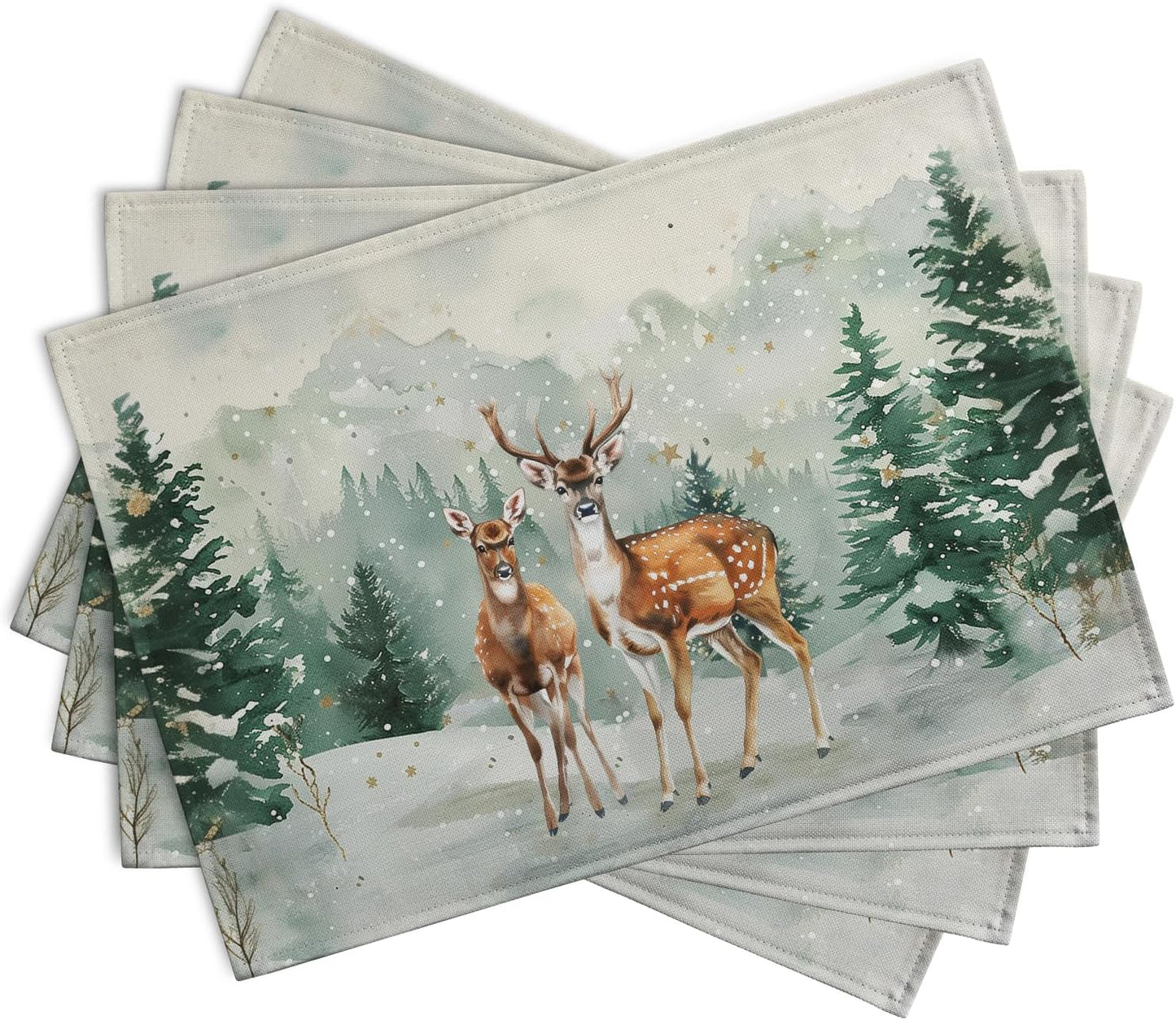 Christmas Watercolor Deer Trees Snowflakes Placemats Set of 4 Winter Rustic Nature Forest Linen Table Mat 12x18 Inch Seasonal Farmhouse Washable Place Mats for Dining Table Kitchen Xmas Decor