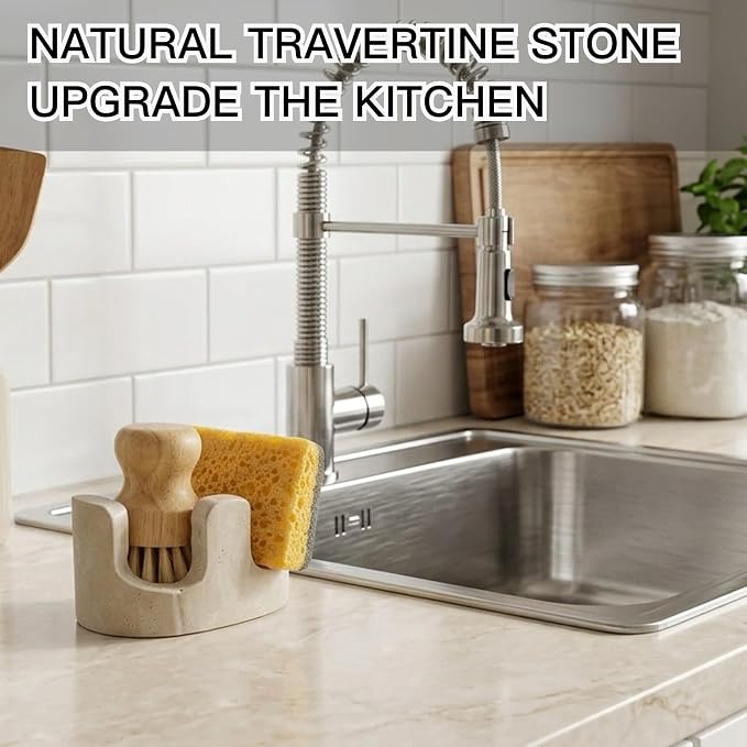Travertine Sponge Holder for Kitchen Sink, 2-in-1 Sponge & Brush Holder, 2 Slot Natural Stone Sink Caddy for Countertop, Keeps Countertops Dry, Non-Slip Base, Elegant Kitchen Decor, Beige