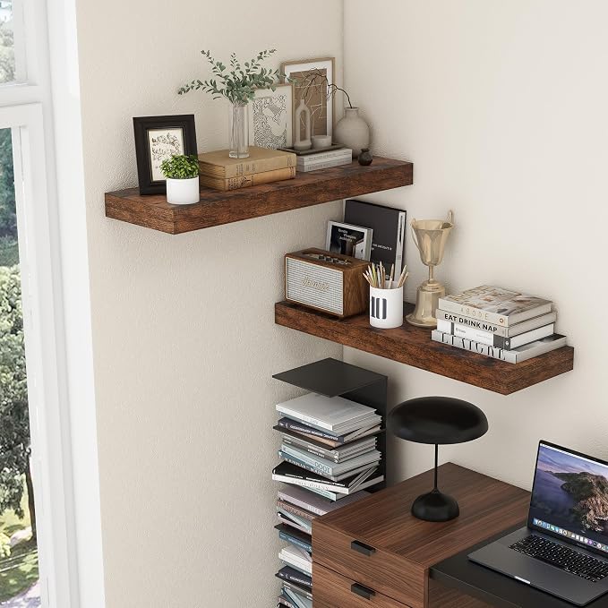 FLYJOE 36'' Brown Floating Shelves, 12 Inch Deep Shelves for Wall Set of 2 | 36'' x 12'' Rustic Brown Wood Shelves for Framhouse Living Room Bathroom Kitchen Laundry Room
