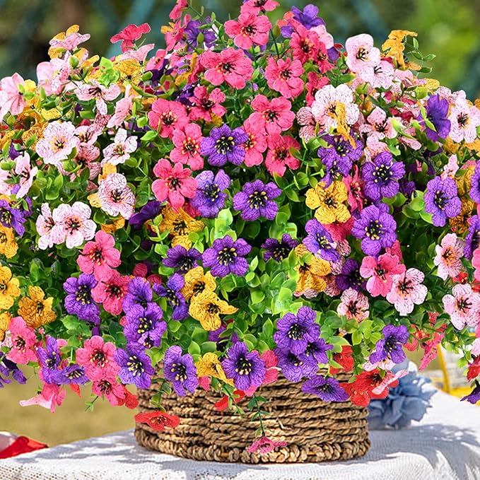 trytuny Artificial Flowers for Outdoor, UV Resistant Fake Silk Flowers, Realistic Faux Plants for Outside Indoor Porch Patio Window Box Planter Home Decor (14, Yellow Purple Rosy Pink)