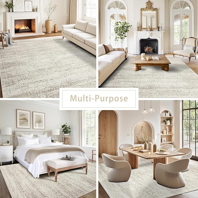 Srugn Washable Area Rug for Living, Bedroom & Dining Room, Ultra Soft Faux Wool Retro Large Carpet, Non-Slip/Shedding Low Pile Vintage Print for Home Office Decor, Beige Ivory Cream Brown Camel, 5x7