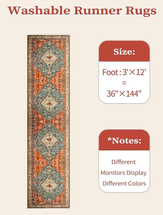 SERISSA Runner Rug for Hallways, 3x12 Washable Non Slip Kitchen Runner Rug, Extra Long Boho Rug Ultra Soft Vintage Tribal Print Floor Carpet for Bedroom Hallway Entryway Bathroom Laundry Room