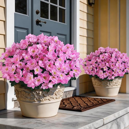 YXZZWL 16 Bundles Artificial Flowers for Front Door, Fake Silk Azalea Bouquet Silk Flowers for Outside UV Resistant Realistic Faux Plants for Planter Farmhouse Patio Garden Walkways Home Decor (Pink)