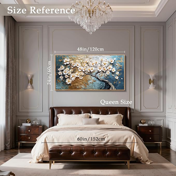 imjiayu Large Framed Wall Art, Tree of Life Wall Art, Modern Art Wall Decor, Japanese White Floral Tree Prints, Nature Canvas Paintings Wall Decor for Living Room Bedroom Office Hallway 24"x48"