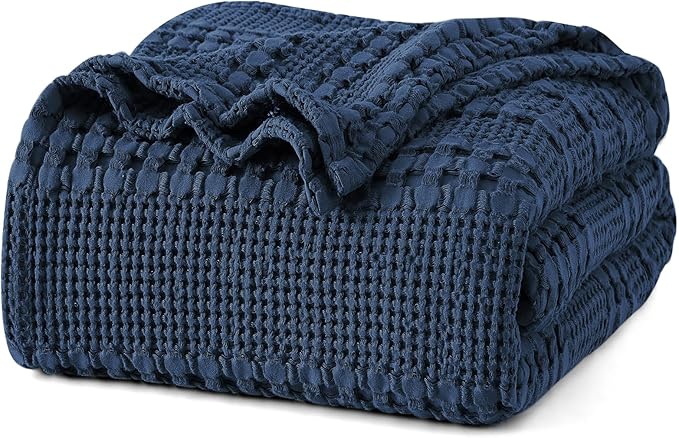 PHF 100% Cotton Waffle Blanket King Size for Bed, Lightweight Breathable and Soft for Summer, Luxury Aesthetic Waffle Weave Blanket for Home Decor & Gifts for Women, 108"x90", Blue Sapphire