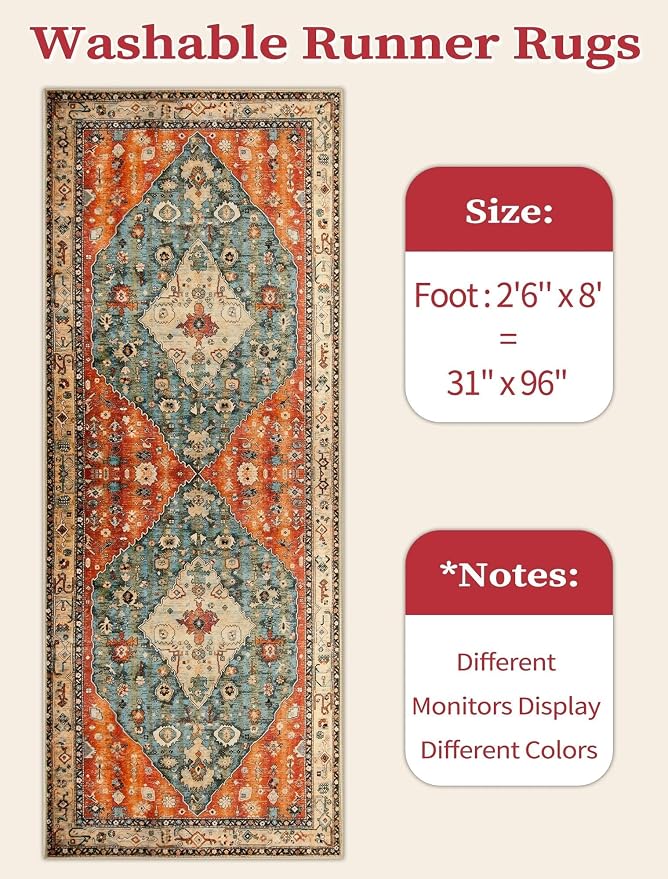 SERISSA Washable Boho Runner Rug, 2'6"x8' Non-Slip Tribal Hallway Kitchen Rug Ultra Soft Print Distressed Vintage Floor Carpet Runner for Bedroom Bathroom Laundry Living Room