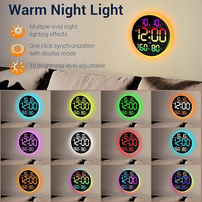 10" Large Digital Wall Clock: 13 RGB Color Changing LED Modern Clock with Remote, Auto-Dimming Large Display for Seniors, Date Temp Timer, Aesthetic Wall Decor for Classroom Dorm Gym Office
