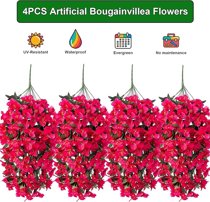 Grunyia Artificial Bougainvillea Flowers – 4 Pcs UV Resistant Fake Flowers with Silk Petals, Realistic Trailing Plants for Outdoor Indoor Wall Garden Home Wedding Decor (Hot Pink) (Rose Red)