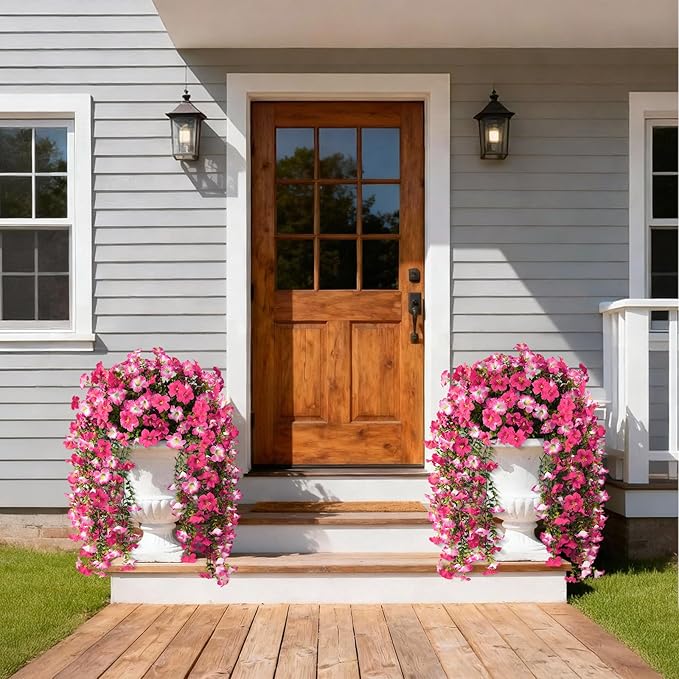 Artificial Fake Flowers Plants for Outdoor Spring Summer Decoration,2 PCS Faux Silk Morning Glory with Eucalyptus Leaves,UV Resistant Realistic Outdoor Flowers for Balcony Porch Patio Yard Garden