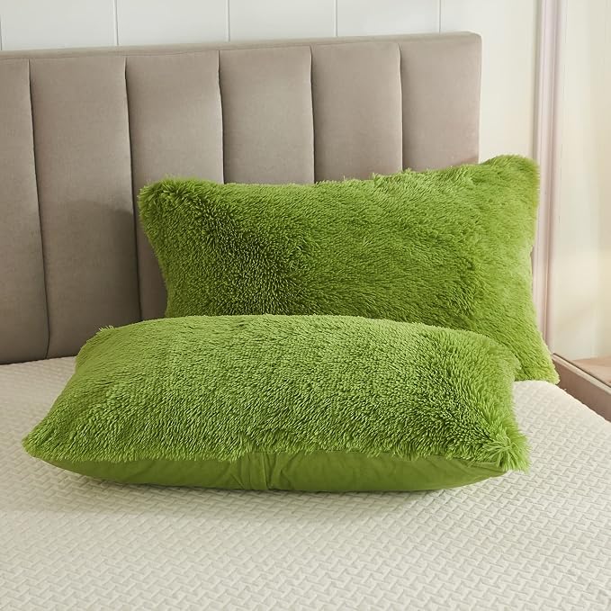 Faux Fur Velvet Fluffy Bedding Duvet Cover Set Down Comforter Quilt Cover with Pillow Sham, Ultra Soft Warm (Apple Green, Twin)
