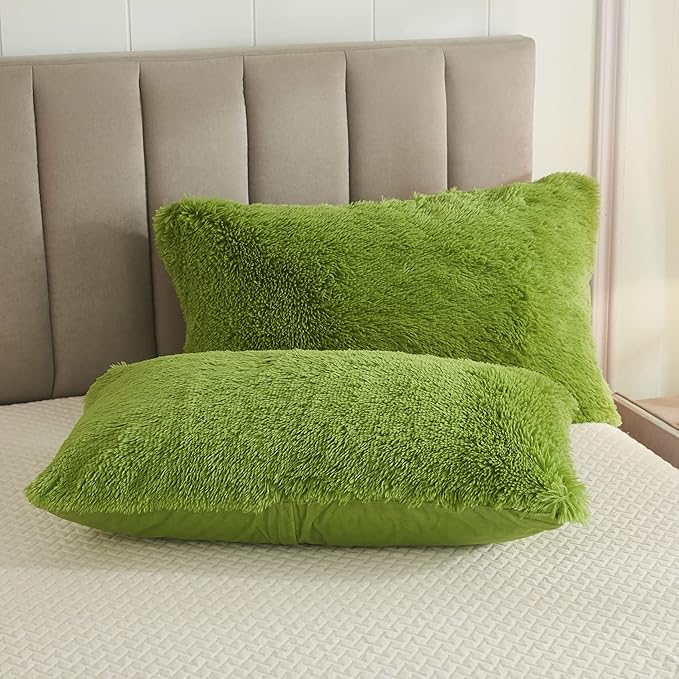 Faux Fur Velvet Fluffy Bedding Duvet Cover Set Down Comforter Quilt Cover with Pillow Shams, Ultra Soft Warm (Apple Green, Queen)