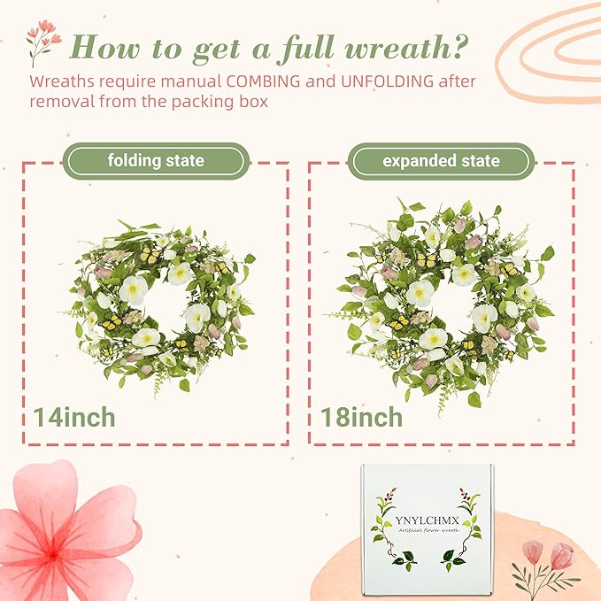 YNYLCHMX 18" Spring Summer Wreaths for Front Door, Artificial Floral Wreath with White Flower Eucalyptus Leaves Butterfly, Green Foliage Wreath for Wall Window Farmhouse Party Holiday Home Decor