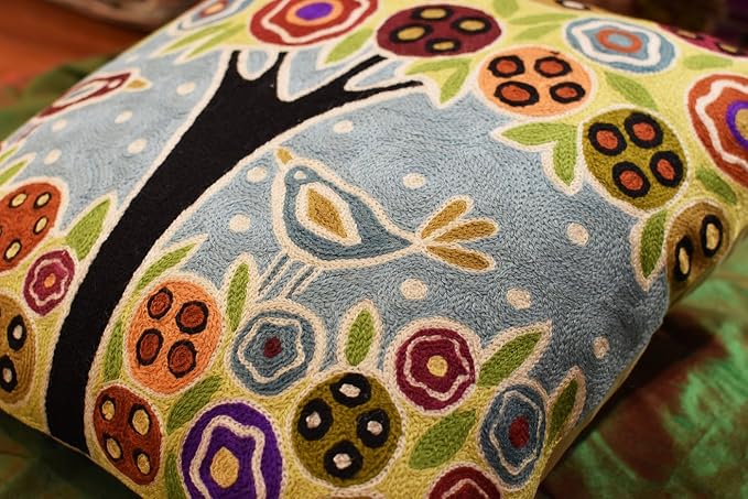 Blue Tree of Life Throw Pillow Cover Karla Gerard Floral Pillowcase Floral Chair Cushion Kids Room Blue Farmhouse Pillowsham Couch Hand Embroidered 18x18 Inch