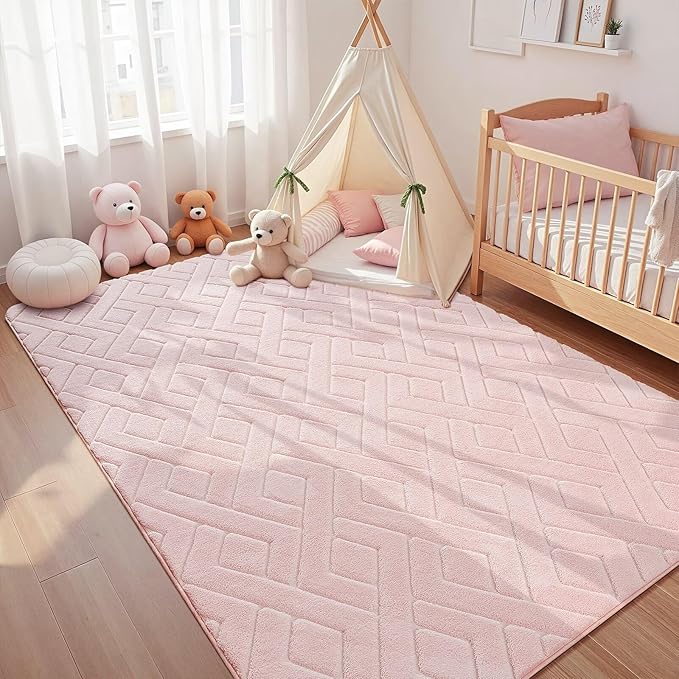Macgace Ultra Soft Pink Area Rug for Living Room, 6x9 Modern Geometric Shag Rugs with Nonslip Backing for Bedroom, Washable Fuzzy Carpet for Cozy Kids Girls Room Nursery