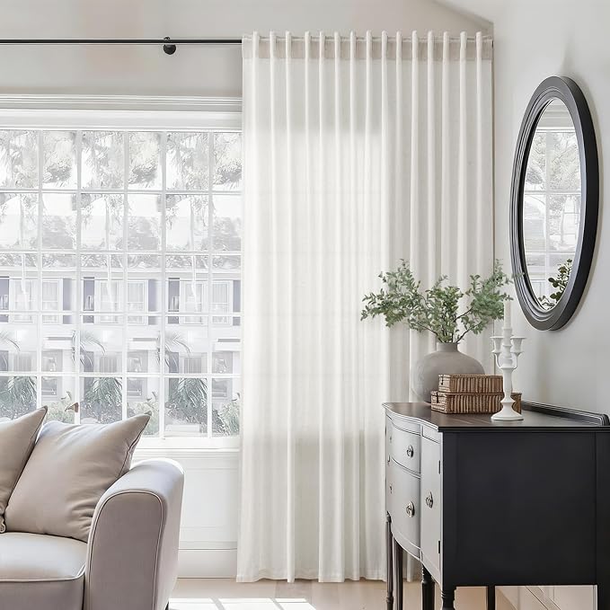 Jowels 100 Inch Extra Wide Natural Linen Curtains 108 Inch Long 1 Panel | Ivory Light Filtering Sheer Curtain,Back Tab Pocket Pleated Look,Modern Farmhouse Textured Privacy Drapes for Living Room