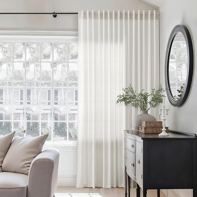 Jowels 100 Inch Extra Wide Natural Linen Curtains 84 Inch Long 1 Panel | Ivory Light Filtering Sheer Curtain,Back Tab Pocket Pleated Look,Modern Farmhouse Textured Privacy Drapes for Living Room