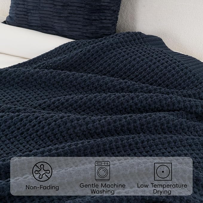 Bunnikins & Clover Navy Blue Throw Blanket for Couch, Knitted Blue Blanket Throw 60''x80'', Super Soft Waffle Navy Throws for Chair Sofa Home Decor