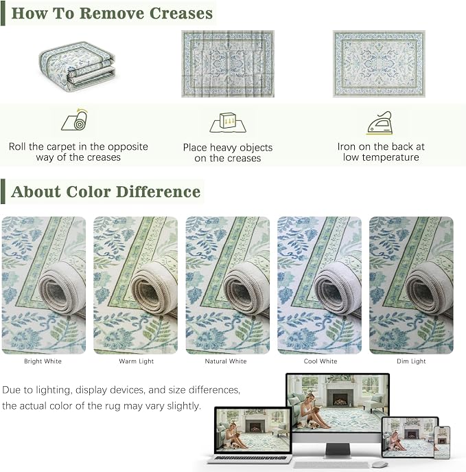 DCX Green 9x12 Rug, Kid & Pet Friendly with Rubber Back Non Slip, Machine Washable Stain Resistant Botanical Floral Rug for Living Room, Bedroom, Soft Low Pile Large Nursery Carpet