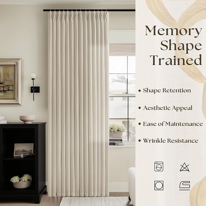 94 Inch Pinch Pleated Linen Curtains 2 Panels for Living Room Bedroom Country Farmhouse Burlap Flax Thick Linen Textured Semi Sheer Back Tab Pinch Pleat Hooks Rings 94 Inch Window Curtain Natural