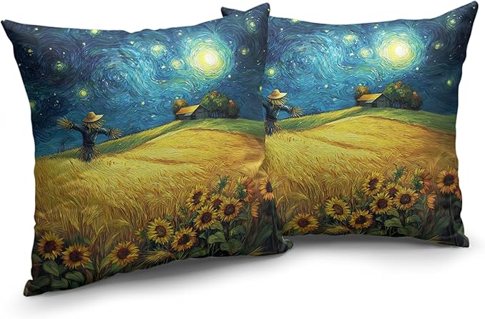 Fall Throw Pillow Covers 18x18 Set of 2 Autumn Sunflower Wheat Field Harvest Pillow Covers Scarecrow Under Van Gogh Starry Night Thanksgiving Pillowcase for Home Decor Couch