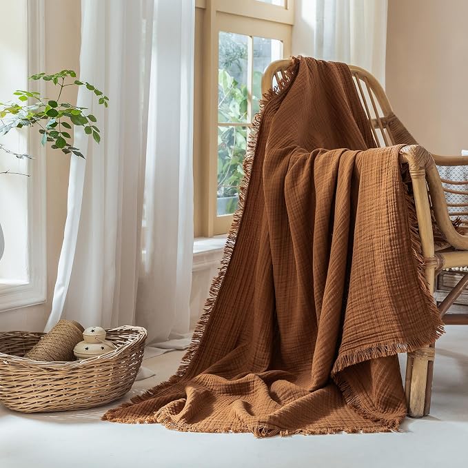 Muslin Fringe Blankets for Adults: 100% Cotton Cloud Soft | 4-Layer Gauze Breathable Lightweight All Season Throw Blanket for Bed Couch Sofa Office