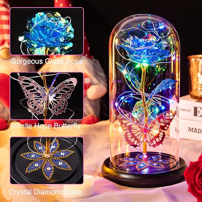 Mothers Day Flowers Gifts for Mom Women Birthday Gift Galaxy Glass Rose Forever Eternal Crystal Flowers Rose in Glass Dome with Butterfly Mother's Day Roses Gifts for Mom Daughter Wife Grandma Blue