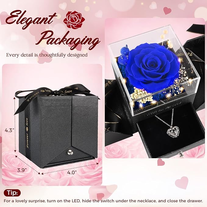 TranquilBliss Gifts for Mom, Preserved Real Blue Rose Gift Box with Heart Necklace,“I Love You” in 100 Languages, I Love You Eternal Flowers Rose Gift Set for Mother's Day, Anniversary