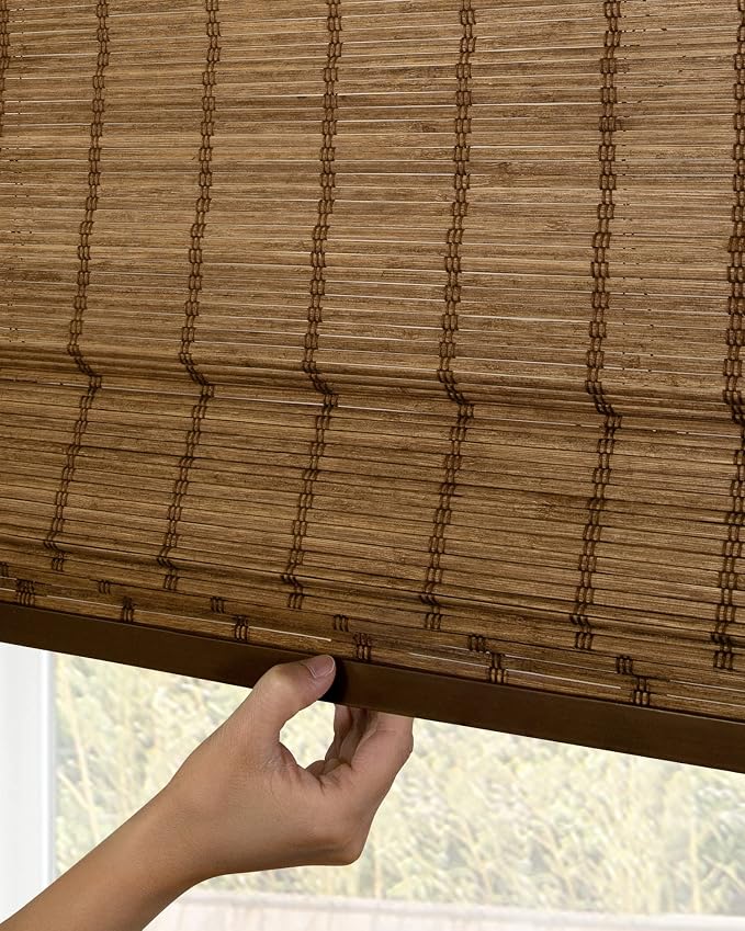CHICOLOGY Bamboo Roman Shade, Cordless Light Filtering Woven Wood Window Treatment for Living Room, Dining Room, Kitchen & Office, Natural Bamboo Blinds for Boho Coastal Decor, Elk, 27" W x 64" H