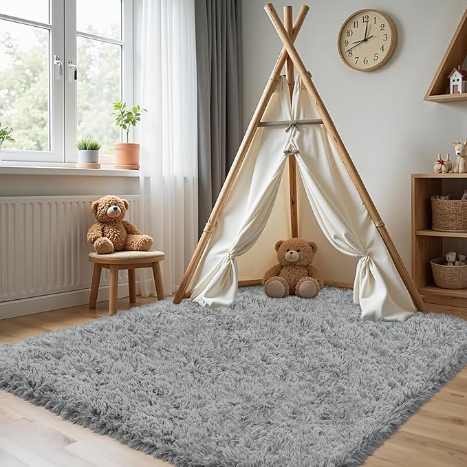 4x6 Area Rug for Living Room, Ultra Soft Fluffy Shag Rugs for Bedroom, Non-Slip Large Fuzzy Plush Rug Indoor Floor Carpet for Nursery Kids Office Dorm Modern Decor, Light Gray