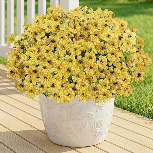Artificial Flowers Fake Plants for Outdoors Spring Decoration, 13Bundles Silk Realistic UV Resistant Faux Flowers for Outside Planter Porch Yard Patio Garden Home Indoor, Yellow